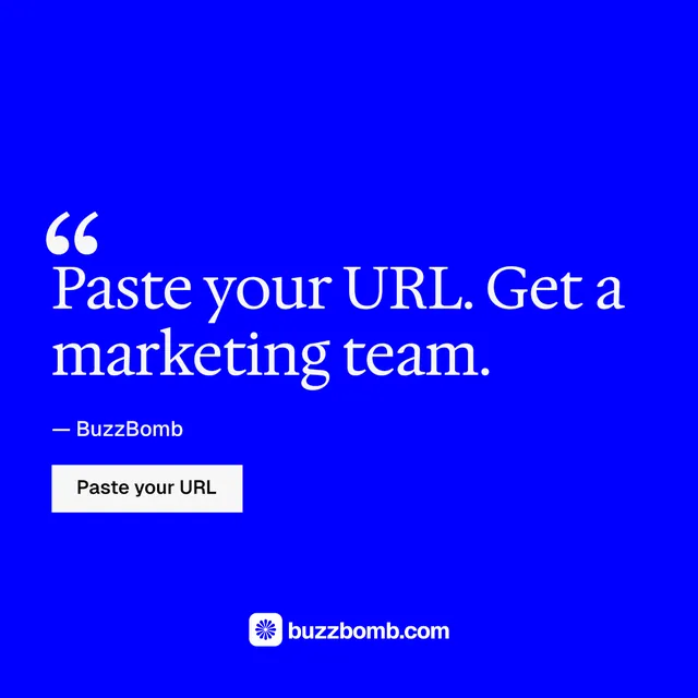 Instagram post for BuzzBomb: "Seven agents. One chat." Swiss style, quote layout, dark palette in blue.