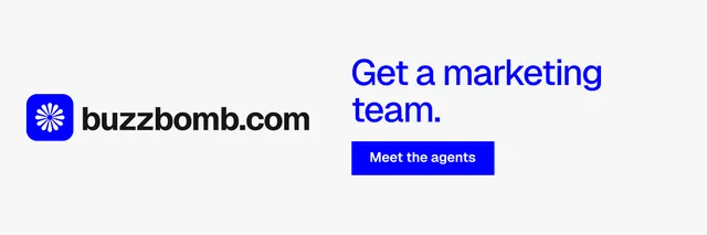 X header for BuzzBomb: "Get a marketing team." Swiss style, logo hero layout, light palette in white.