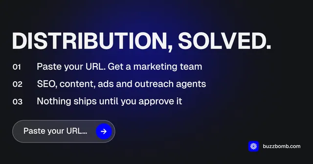 Social ad for BuzzBomb: "Distribution, solved." Agentic glass style, numbered layout, dark palette in black, blue, grey.