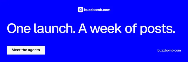 X header for BuzzBomb: "One launch. A week of posts." Split block style, poster layout, dark palette in blue.