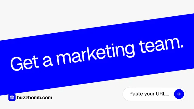 Landscape graphic for BuzzBomb: "Get a marketing team." Agentic glass style, diagonal layout, light palette in blue, white.
