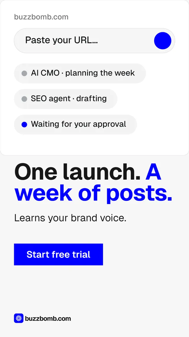 Instagram story for BuzzBomb: "One launch. A week of posts." Swiss style, skeleton layout, light palette in white, blue.