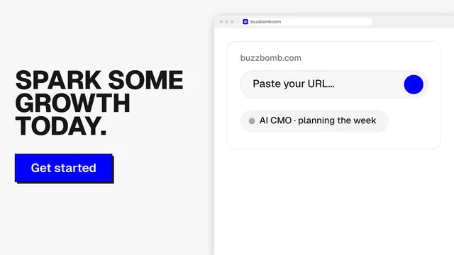 Landscape graphic for BuzzBomb: "Spark some growth today." Brutalist style, browser layout, light palette in white, blue.