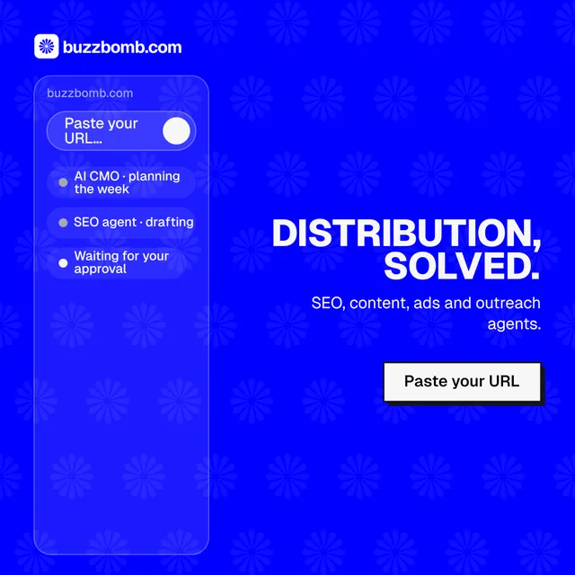 Instagram post for BuzzBomb: "Distribution, solved." Brutalist style, right layout, dark palette in blue.