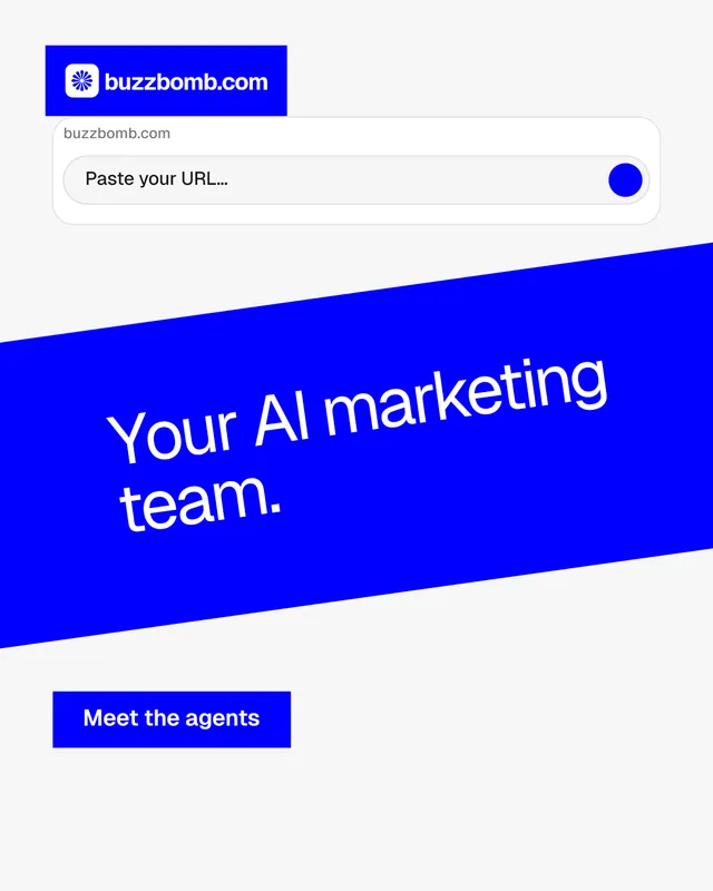 Instagram portrait post for BuzzBomb: "Your AI marketing team." Swiss style, diagonal layout, light palette in white, blue.