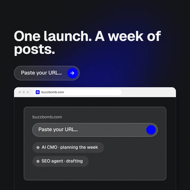Instagram post for BuzzBomb: "One launch. A week of posts." Agentic glass style, browser layout, dark palette in black, blue, grey.