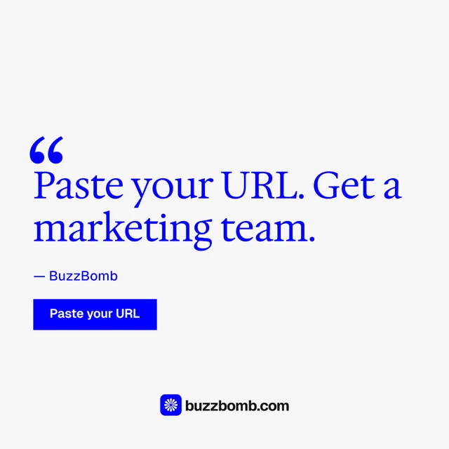 Instagram post for BuzzBomb: "Your AI marketing team." Swiss style, quote layout, light palette in white, blue.