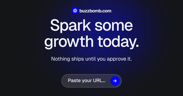 Social ad for BuzzBomb: "Spark some growth today." Agentic glass style, centred layout, dark palette in black, blue, grey.