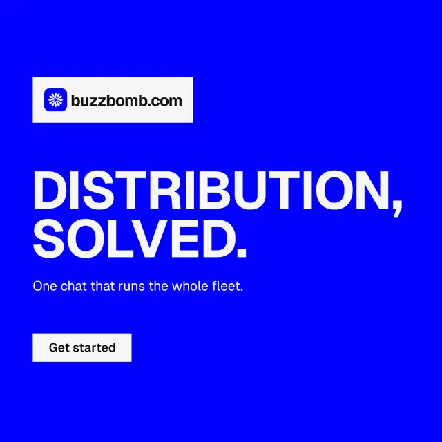 Instagram post for BuzzBomb: "Distribution, solved." Swiss style, announce layout, dark palette in blue, white.