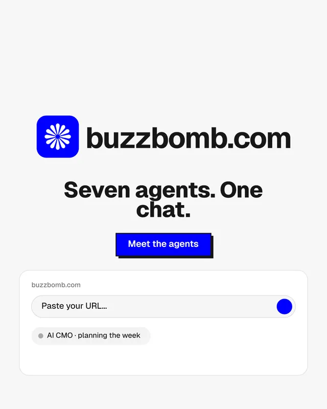 Instagram portrait post for BuzzBomb: "Seven agents. One chat." Brutalist style, logo hero layout, light palette in white, blue.