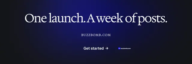 X header for BuzzBomb: "One launch. A week of posts." Agentic glass style, smallcaps layout, dark palette in black, blue.