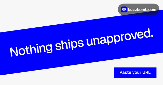 Social ad for BuzzBomb: "Nothing ships unapproved." Swiss style, diagonal layout, light palette in blue, white.