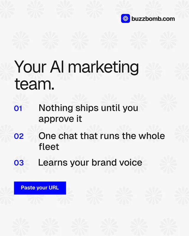 Instagram portrait post for BuzzBomb: "Your AI marketing team." Swiss style, numbered layout, light palette in white, blue.