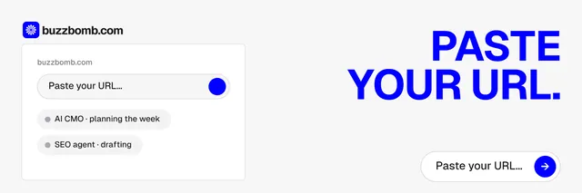 X header for BuzzBomb: "Paste your URL." Agentic glass style, right layout, light palette in white, blue.