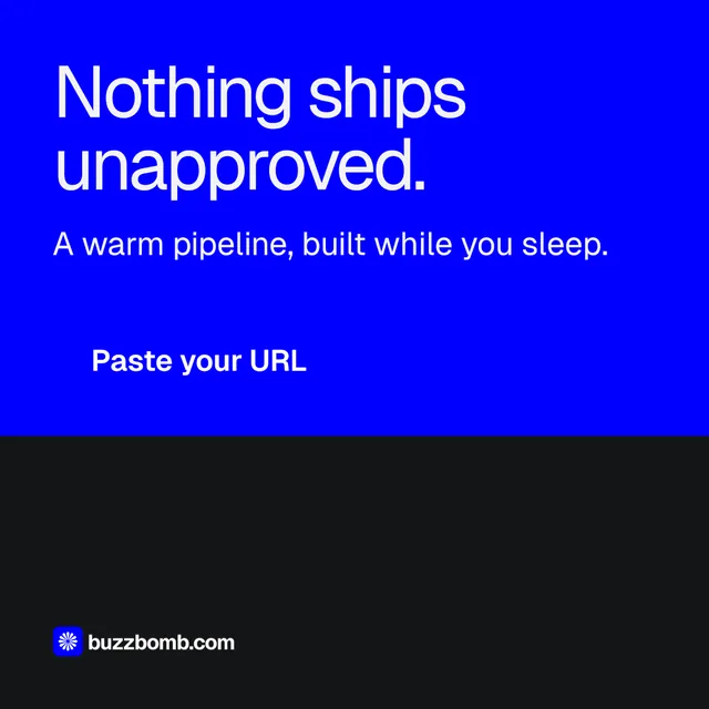 Instagram post for BuzzBomb: "Nothing ships unapproved." Split block style, skeleton layout, dark palette in blue.