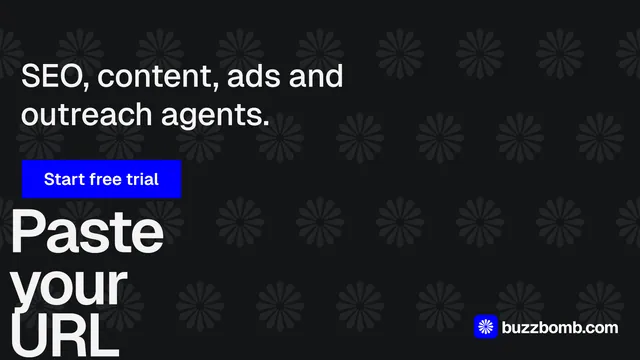 Landscape graphic for BuzzBomb: "One launch. A week of posts." Brutalist style, oversized layout, dark palette in black.