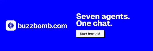 X header for BuzzBomb: "Seven agents. One chat." Brutalist style, logo hero layout, dark palette in blue.
