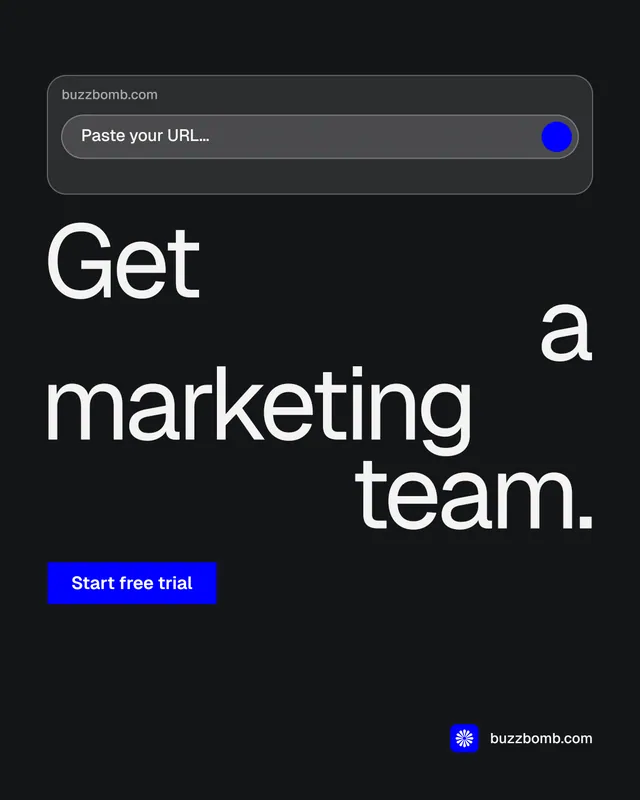 Instagram portrait post for BuzzBomb: "Get a marketing team." Split block style, stacked layout, dark palette in black, grey.