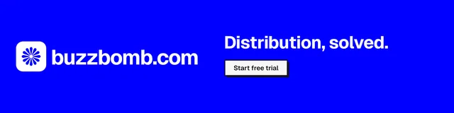 LinkedIn banner for BuzzBomb: "Distribution, solved." Brutalist style, logo hero layout, dark palette in blue.