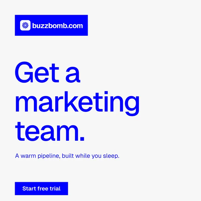 Instagram post for BuzzBomb: "Get a marketing team." Swiss style, announce layout, light palette in white, blue.