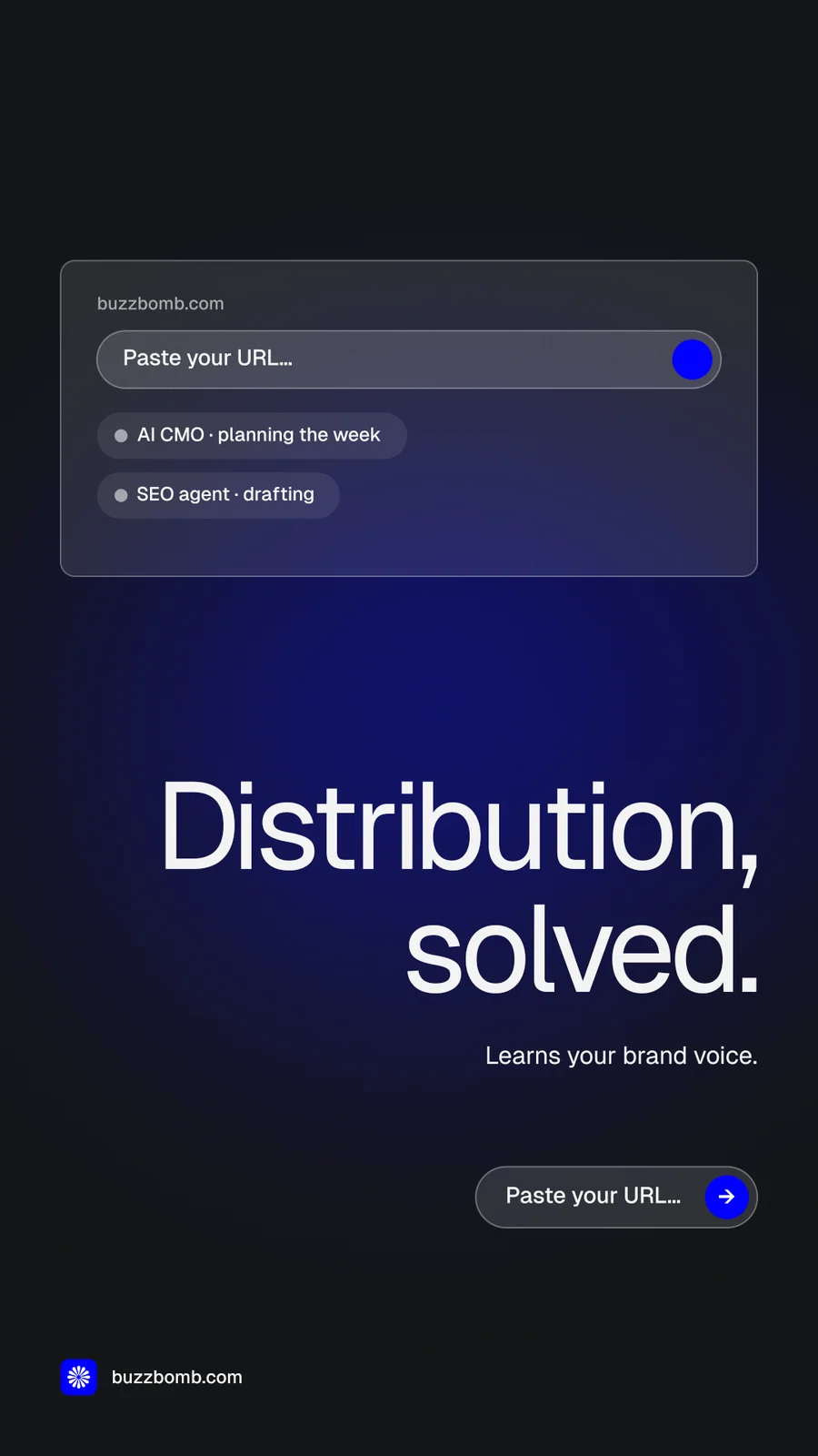 Instagram story for BuzzBomb: "Distribution, solved." Agentic glass style, right layout, dark palette in black, blue, grey.
