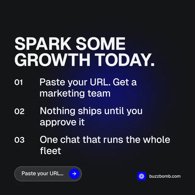 Instagram post for BuzzBomb: "Spark some growth today." Agentic glass style, numbered layout, dark palette in black, blue, grey.