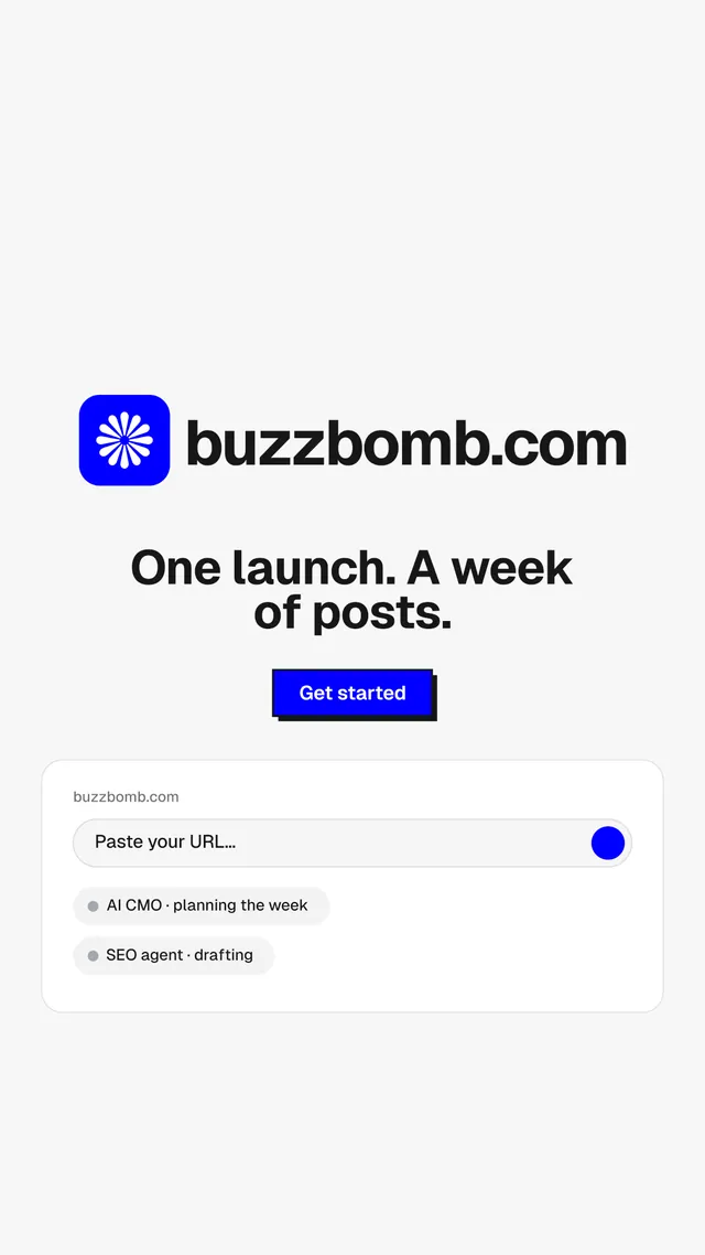 Instagram story for BuzzBomb: "One launch. A week of posts." Brutalist style, logo hero layout, light palette in white, blue.