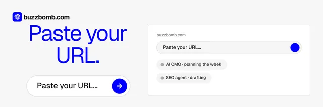 X header for BuzzBomb: "Paste your URL." Agentic glass style, skeleton layout, light palette in white, blue.