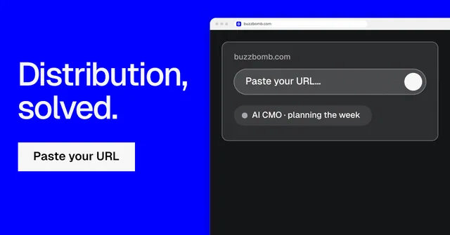 Social ad for BuzzBomb: "Distribution, solved." Split block style, browser layout, dark palette in blue, grey.