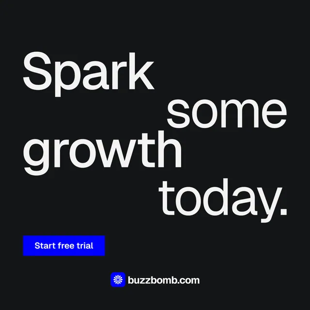 Instagram post for BuzzBomb: "Spark some growth today." Split block style, stacked layout, dark palette in black, grey.