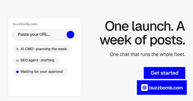 Social ad for BuzzBomb: "One launch. A week of posts." Swiss style, right layout, light palette in white, blue.
