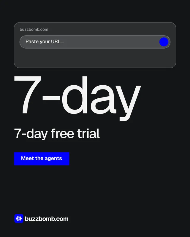 Instagram portrait post for BuzzBomb: "Your AI marketing team." Swiss style, stat layout, dark palette in black, grey, blue.