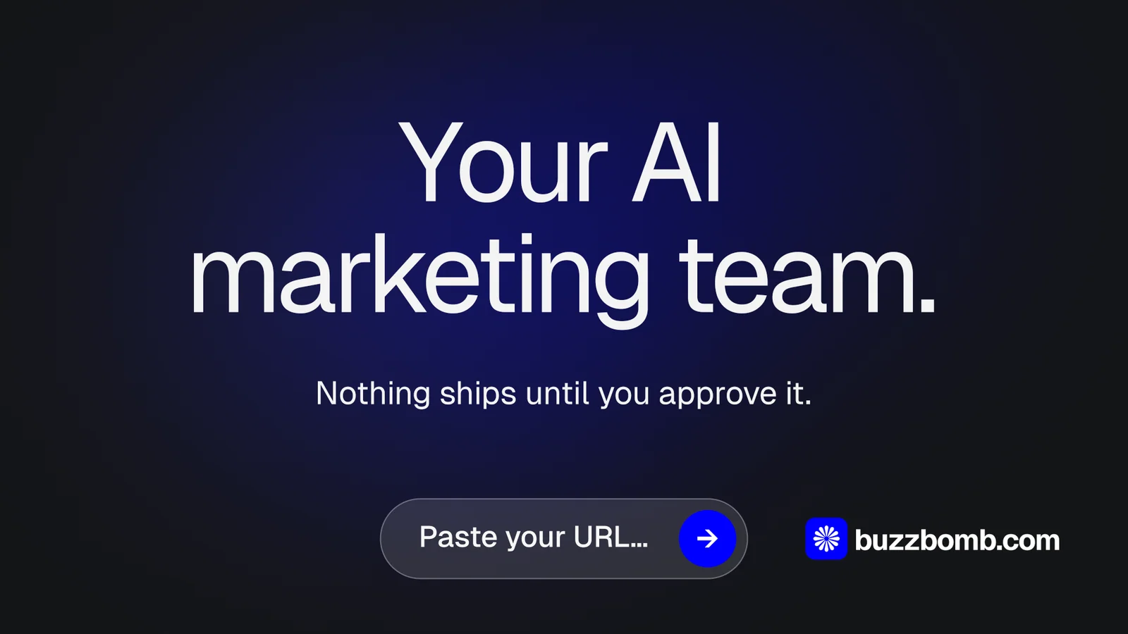 Landscape graphic for BuzzBomb: "Your AI marketing team." Agentic glass style, centred layout, dark palette in black, blue.