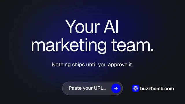 Landscape graphic for BuzzBomb: "Your AI marketing team." Agentic glass style, centred layout, dark palette in black, blue.