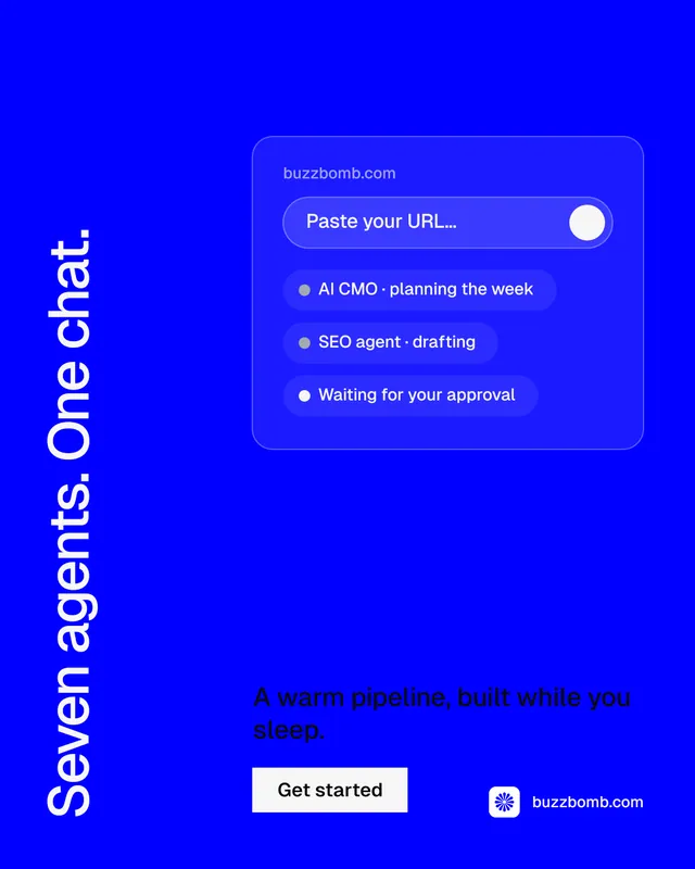 Instagram portrait post for BuzzBomb: "Seven agents. One chat." Split block style, vertical layout, dark palette in blue.