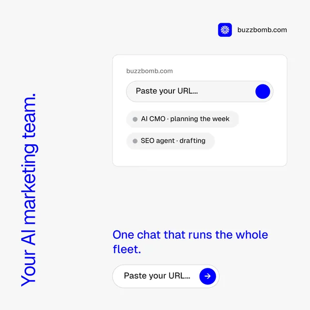 Instagram post for BuzzBomb: "Your AI marketing team." Agentic glass style, vertical layout, light palette in white, blue.
