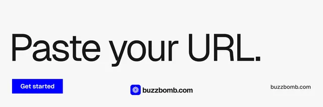 X header for BuzzBomb: "Paste your URL." Swiss style, poster layout, light palette in white, blue.