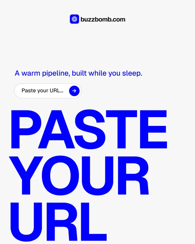 Instagram portrait post for BuzzBomb: "Paste your URL." Agentic glass style, oversized layout, light palette in white, blue.