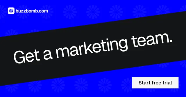 Social ad for BuzzBomb: "Get a marketing team." Split block style, diagonal layout, dark palette in blue, black, grey.