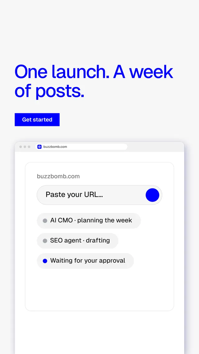 Instagram story for BuzzBomb: "One launch. A week of posts." Swiss style, browser layout, light palette in white, blue.