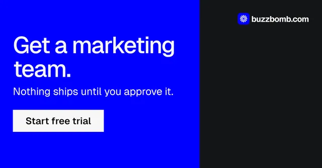 Social ad for BuzzBomb: "Get a marketing team." Split block style, skeleton layout, dark palette in blue, black.