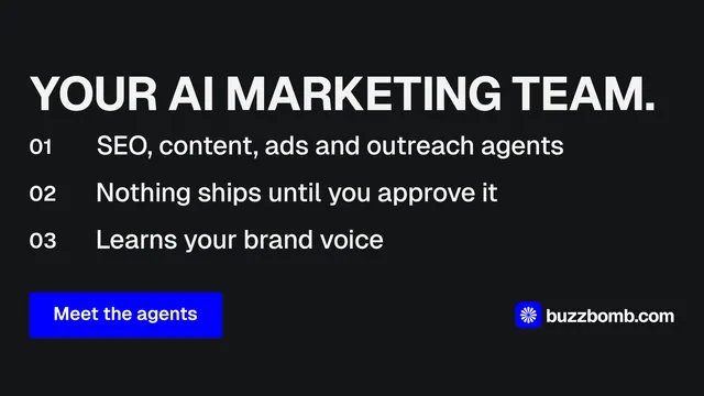 Landscape graphic for BuzzBomb: "Your AI marketing team." Split block style, numbered layout, dark palette in black, grey.