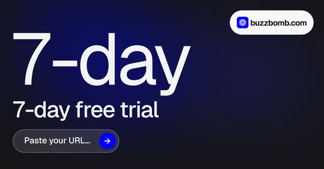 Social ad for BuzzBomb: "Your AI marketing team." Agentic glass style, stat layout, dark palette in black, blue, grey.