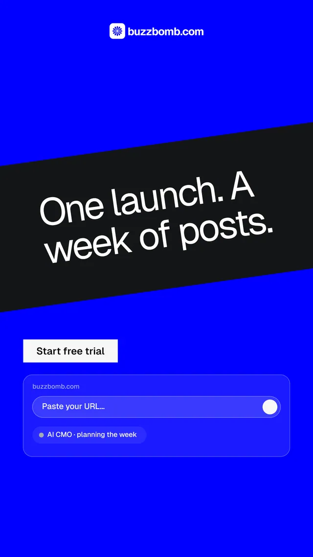 Instagram story for BuzzBomb: "One launch. A week of posts." Swiss style, diagonal layout, dark palette in blue.