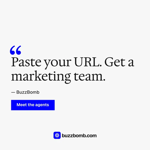 Instagram post for BuzzBomb: "Your AI marketing team." Swiss style, quote layout, light palette in white, blue.
