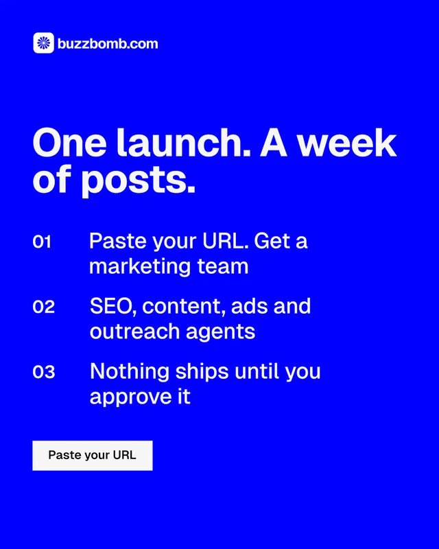 Instagram portrait post for BuzzBomb: "One launch. A week of posts." Split block style, numbered layout, dark palette in blue.