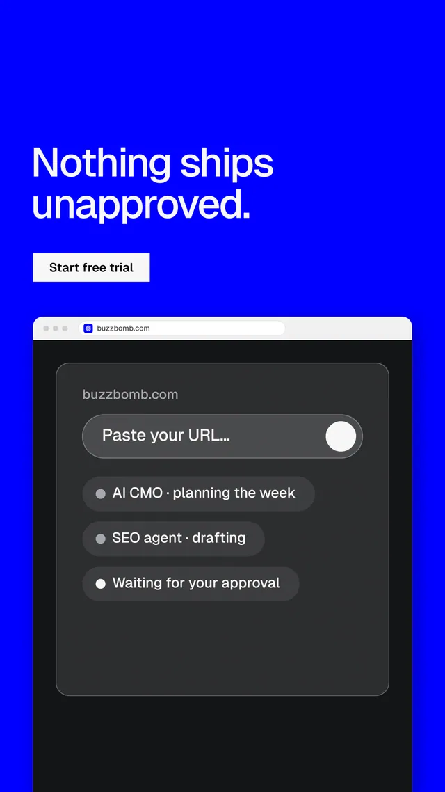 Instagram story for BuzzBomb: "Nothing ships unapproved." Split block style, browser layout, dark palette in blue, grey.