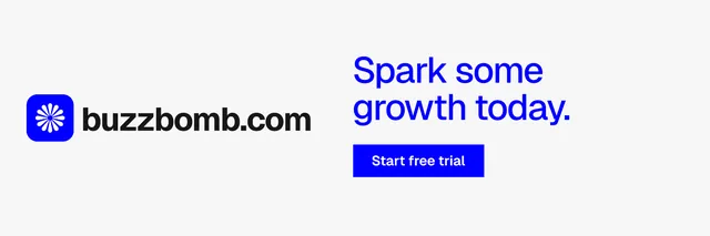 X header for BuzzBomb: "Spark some growth today." Swiss style, logo hero layout, light palette in white.