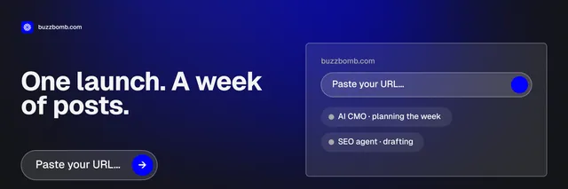 X header for BuzzBomb: "One launch. A week of posts." Agentic glass style, bottom layout, dark palette in blue, grey.