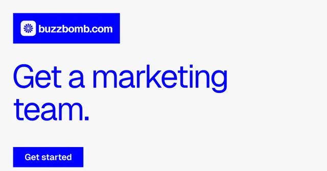 Social ad for BuzzBomb: "Get a marketing team." Swiss style, announce layout, light palette in white, blue.